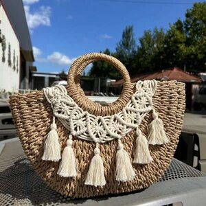 Boho Woven Straw Tote Bag with Cream Tassel Trim